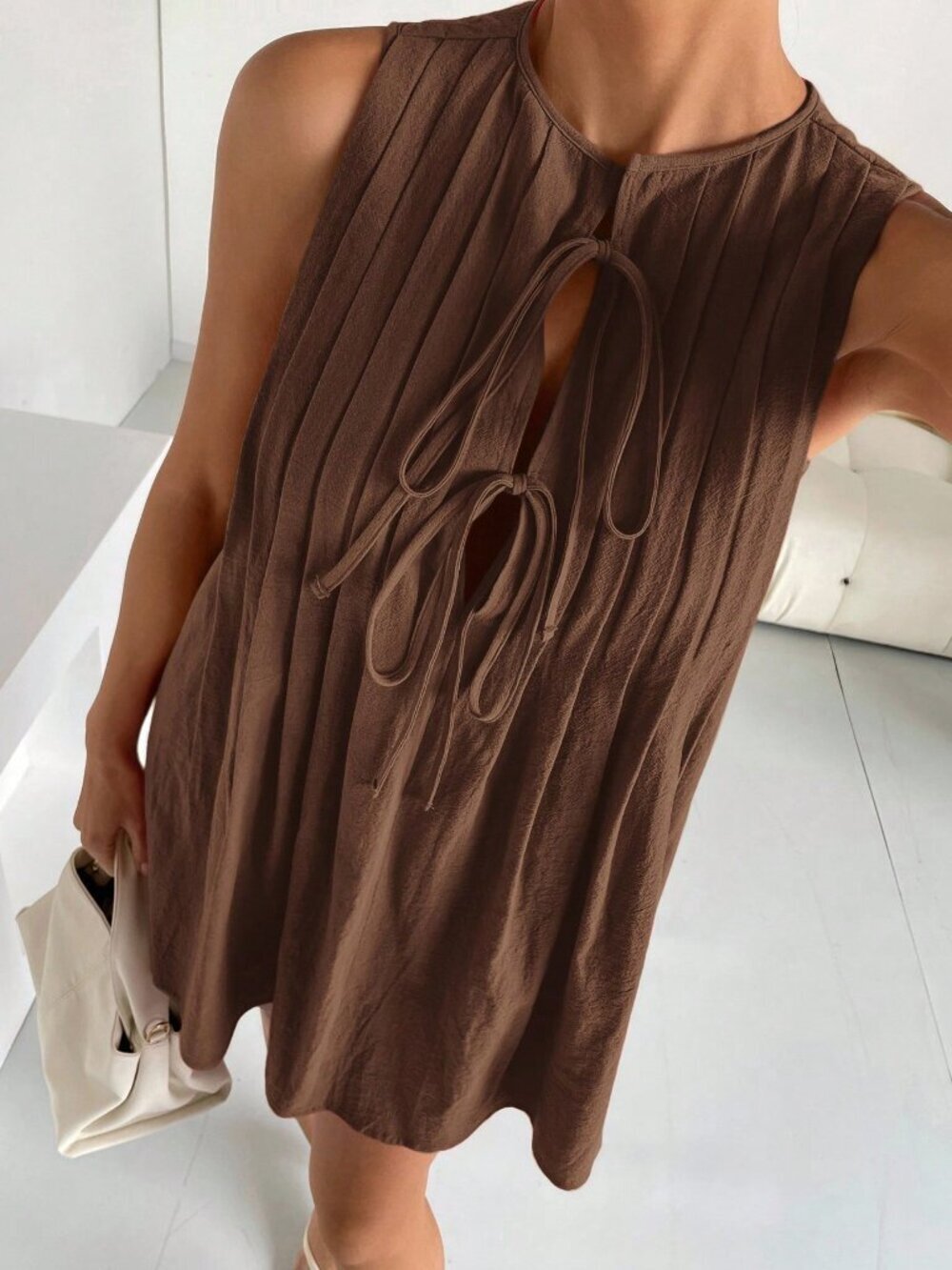 Coffee Brown Casual Women's Pleated Neck Elegant Sleeveless Mini Dress - Picture 3 of 5